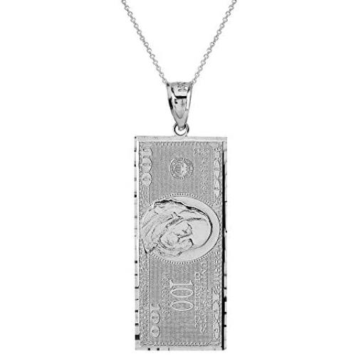 Hip Hop Jewelry 925 Sterling Silver Hundred $100 Dollar Bill Pendant Necklace (Small)