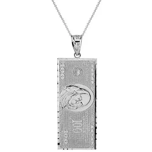 Hip Hop Jewelry 925 Sterling Silver Hundred $100 Dollar Bill Pendant Necklace (Small)