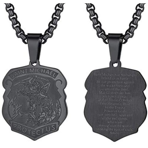 Men Women Personalized St. Michael Saint Christopher Necklace Stainless Steel/18K Gold Plated Round/Oval/Shield Patron Saint Biblical Archangel Pendant Necklaces with 22'' Square Box Chain,Gift Packed