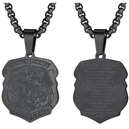 Men Women Personalized St. Michael Saint Christopher Necklace Stainless Steel/18K Gold Plated Round/Oval/Shield Patron Saint Biblical Archangel Pendant Necklaces with 22'' Square Box Chain,Gift Packed