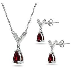 Sterling Silver Genuine or Synthetic Gemstone Teardrop V Design Arrow Necklace & Dangle Earrings Set