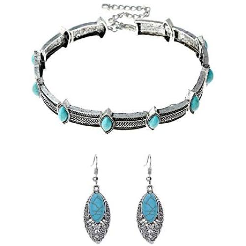 3 Pcs/Set Bohemian Turquoise Choker Necklace Drop Dangle Earrings Set Handmade Vintage Statement Pendant Drop Necklace Gothic Punk Boho Short Collar Necklace Jewelry Set for Women and Girls