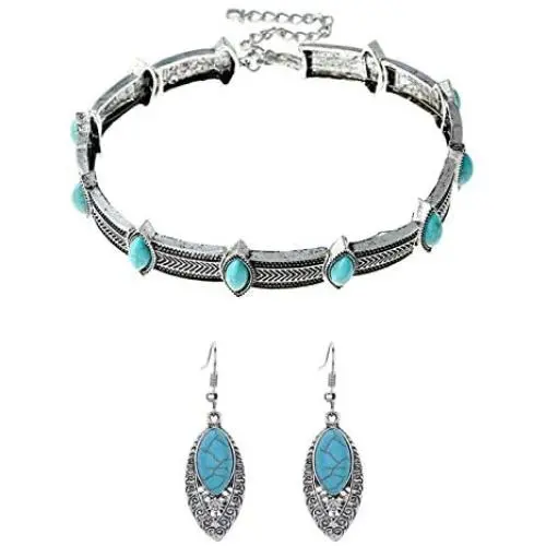 3 Pcs/Set Bohemian Turquoise Choker Necklace Drop Dangle Earrings Set Handmade Vintage Statement Pendant Drop Necklace Gothic Punk Boho Short Collar Necklace Jewelry Set for Women and Girls 3 Pcs/Set Bohemian Turquoise Choker Necklace Drop Dangle Earrings Set Handmade Vintage Statement Pendant Drop Necklace Gothic Punk Boho Short Collar Necklace Jewelry Set for Women and Girls