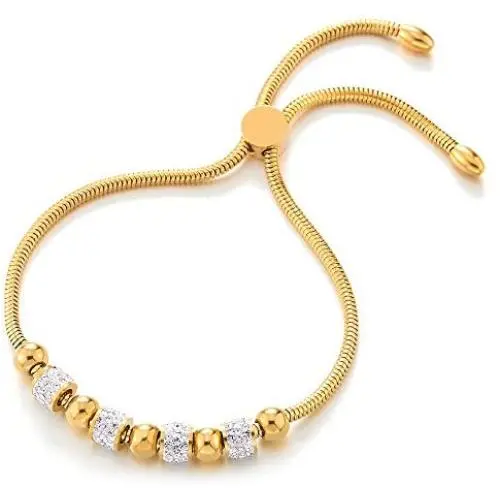 COOLSTEELANDBEYOND Stainless Steel Charm Bracelet for Women with Steel Bead String and Cubic Zirconia, Adjustable COOLSTEELANDBEYOND Stainless Steel Charm Bracelet for Women with Steel Bead String and Cubic Zirconia, Adjustable