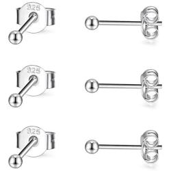 Sterling Silver Stud Earrings for Women Girls- 3 Pairs of 2mm Tiny Ball Stud Earrings Round CZ Cubic Zirconia Earrings Pearl Earrings Set Cartilage Small Tragus Earrings Nose Lip Rings