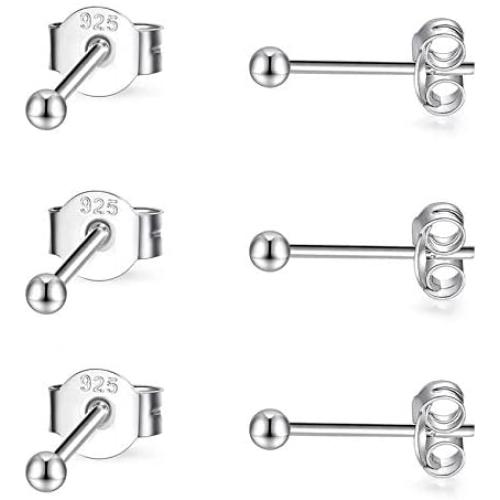 Sterling Silver Stud Earrings for Women Girls- 3 Pairs of 2mm Tiny Ball Stud Earrings Round CZ Cubic Zirconia Earrings Pearl Earrings Set Cartilage Small Tragus Earrings Nose Lip Rings