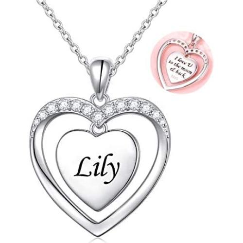 Sterling Silver Heart Personalized Custom Name Necklace Script Initial Nameplate I Love You to the Moon and Back Necklace Jewelry for Women
