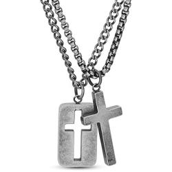 Steve Madden 28'' Oxidized Stainless Steel Box and Curb Chain Cross Pendant and Dogtag Duo Necklace Set For Men