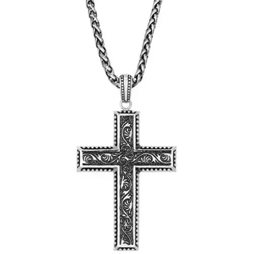 Mens Stainless Steel Antique Cross Pendant - 24 Inch Box Chain