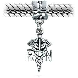 Nurse Nursing RN Registered Caduceus Cross Shape Dangle Charm Bead For Women Graduate Enamel .925 Sterling Silver Fits European Bracelet