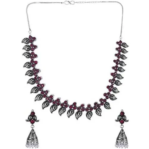 Efulgenz Boho Vintage Antique Ethnic Gypsy Indian Oxidized Silver Crystal Cubic Zirconia Bridal Necklace Earrings Jewelry Set
