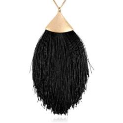 RIAH FASHION Bohemian Fan Tassel Pendant Statement Necklace - Silky Thread Strand Fringe Semi Circle Marquise Charm Long Chain