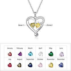 Personalized Heart Necklace Womens Girls Name with 2 Simulated Birthstone, Promise Necklace for Couple Jewelry with Heart Pendant