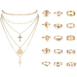 FIBO STEEL 16 Pcs Layered Choker Necklaces Vintage Knuckle Rings Set for Women Tag Coin Cross Crucifix Pendant Necklace Stackable Midi Finger Ring Jewelry Set