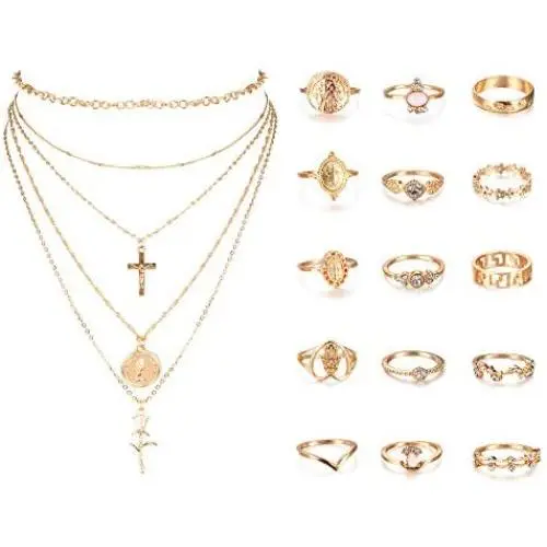 FIBO STEEL 16 Pcs Layered Choker Necklaces Vintage Knuckle Rings Set for Women Tag Coin Cross Crucifix Pendant Necklace Stackable Midi Finger Ring Jewelry Set FIBO STEEL 16 Pcs Layered Choker Necklaces Vintage Knuckle Rings Set for Women Tag Coin Cross Crucifix Pendant Necklace Stackable Midi Finger Ring Jewelry Set