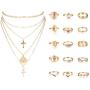 FIBO STEEL 16 Pcs Layered Choker Necklaces Vintage Knuckle Rings Set for Women Tag Coin Cross Crucifix Pendant Necklace Stackable Midi Finger Ring Jewelry Set