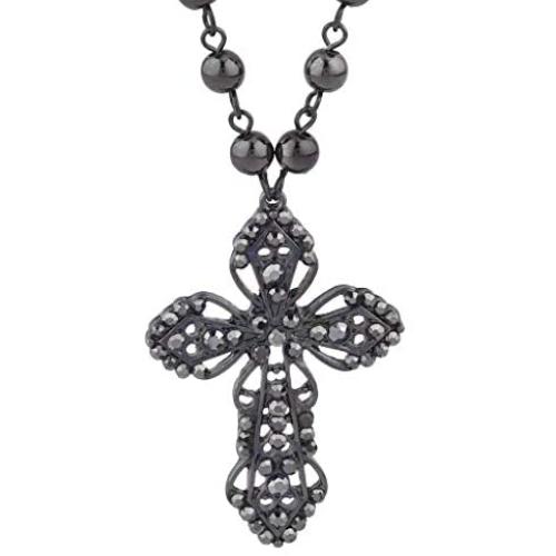 Lux Accessories Classic 80s Gothic Black Rosary Cross Beaded Pendant Necklace