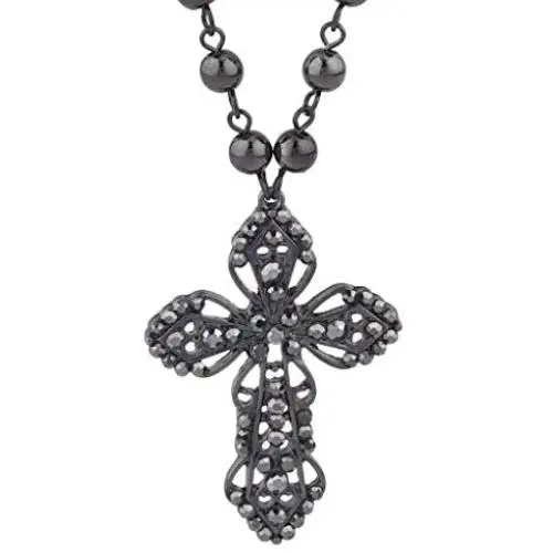 Lux Accessories Classic 80s Gothic Black Rosary Cross Beaded Pendant Necklace Lux Accessories Classic 80s Gothic Black Rosary Cross Beaded Pendant Necklace