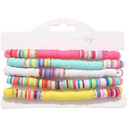 Boderier Heishi Bracelet Set Stack Rainbow Vinyl Disc Bead Surfer Stretch Bracelet Summer Beach Bracelet Jewelry
