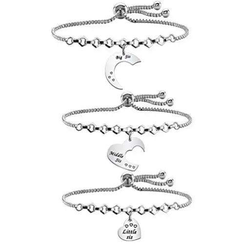 FUSTMW 3 Sister Bracelets Big Sis Middle Sis Little Sis 3 Pieces Matching Heart Bracelets of 3 Sister Jewelry Gift for Best Friends 9 Inch Adjustable Chain