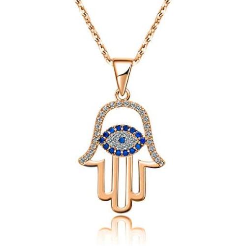 sloong 925 Sterling Silver Evil Eye Hamsa White Blue Cz Womens Pendant Necklace…