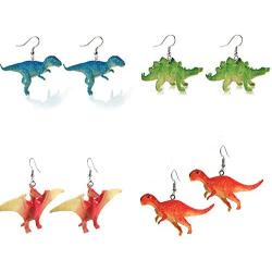 Mountainer 4 Pairs Cute Dinosaur Animals Drop Earrings Punk Party Cool Earrings for Women Girl Funny Jewelry Creative Gift