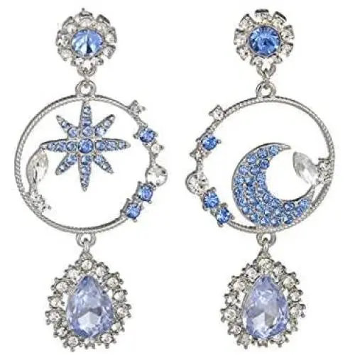 YUNXI Blue star Sun Moon Asymmetrical Crystal Drop Earrings Bohemian Tassel Design Dangle Earring Fashion Retro Stud Earrings for Women Girl Fashion Jewelry