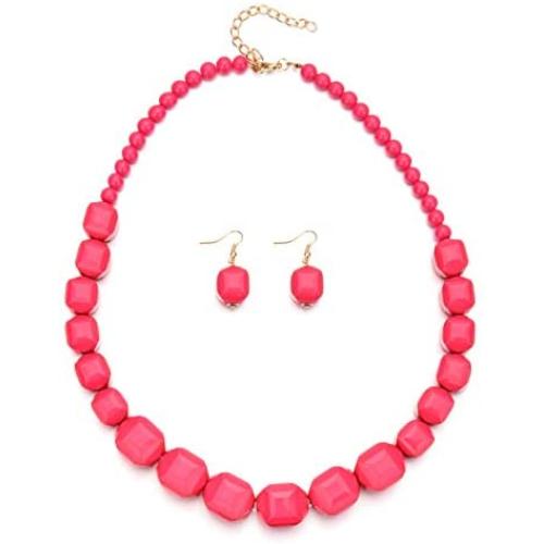 Statement Geometric Beads Necklace Earrings Set Chunky Colorful Bohemia Acrylic Strand Necklace for Women Girls Vacation Costume Jewelry Gift