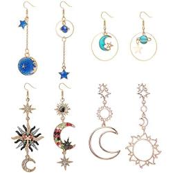 LOYALLOOK 4 Pairs Bohemia Moon and Star Earth Hollow Asymmetric Earrings for Women Crystal Long Drop Dangle Earring Jewelry
