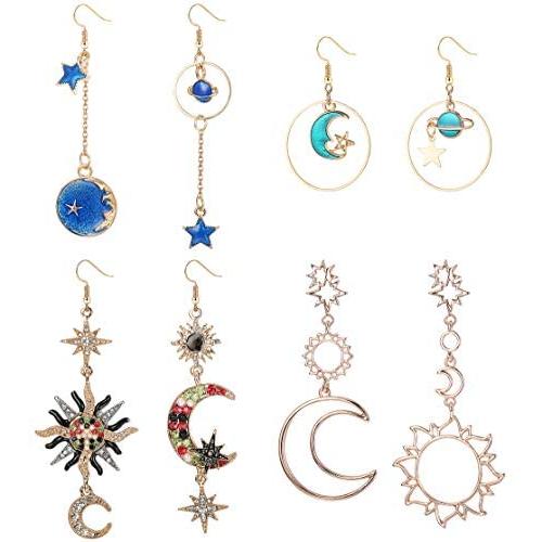 LOYALLOOK 4 Pairs Bohemia Moon and Star Earth Hollow Asymmetric Earrings for Women Crystal Long Drop Dangle Earring Jewelry