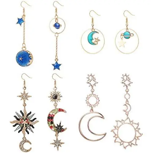 LOYALLOOK 4 Pairs Bohemia Moon and Star Earth Hollow Asymmetric Earrings for Women Crystal Long Drop Dangle Earring Jewelry LOYALLOOK 4 Pairs Bohemia Moon and Star Earth Hollow Asymmetric Earrings for Women Crystal Long Drop Dangle Earring Jewelry