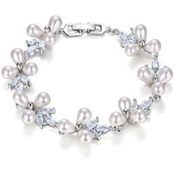 EVER FAITH Womens CZ Cream Simulated Pearl Floral Leaf Wedding Bride Tennis Bracelet Clear Silver-Tone