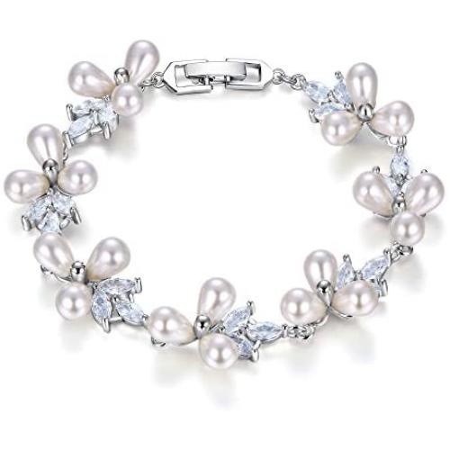 EVER FAITH Womens CZ Cream Simulated Pearl Floral Leaf Wedding Bride Tennis Bracelet Clear Silver-Tone