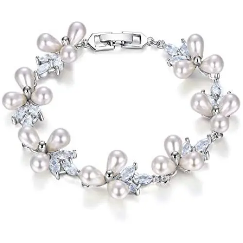 EVER FAITH Womens CZ Cream Simulated Pearl Floral Leaf Wedding Bride Tennis Bracelet Clear Silver-Tone
