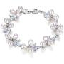 EVER FAITH Womens CZ Cream Simulated Pearl Floral Leaf Wedding Bride Tennis Bracelet Clear Silver-Tone