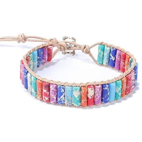 PLTGOOD Boho Leather Wrap Bead Bracelets for Women Men Girls Handmade Chakra Imperial Jasper Adjustable Healing Bracelet Bangles