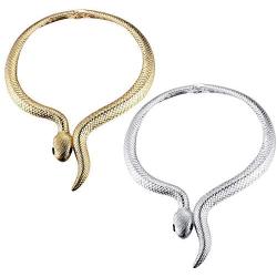 Thunaraz Snake Choker Necklace Costume Halloween Statement Snake Jewelry for Women Silver Gold Retro Snake Shape Collar Necklace Curved Bar Design Adjustable