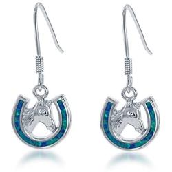 Sterling Silver Created Blue Opal Horseshoe Horse Dangle Earrings
