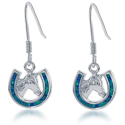 Sterling Silver Created Blue Opal Horseshoe Horse Dangle Earrings