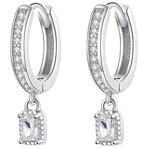 CZ Crystal Drop Dangle Hoop Earrings for Women Girls Sterling Silver 18K White Gold Plated Charms Pave Cubic Zirconia Square Diamond Small Cartilage Tragus Stud Sleeper Earrings Hypoallergenic Wedding