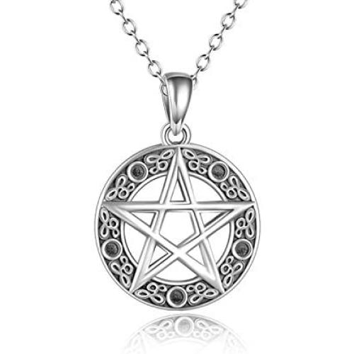 YFN Sterling Silver Pentagram Pentacle Necklace Celtic Star Moon Pendant Wiccan Jewelry Gifts for Women Men