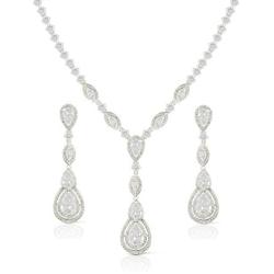 JanKuo Jewelry Rhodium Plated Bridal Long Dangle Teardrop CZ Necklace Earrings Jewelry Set, 17''
