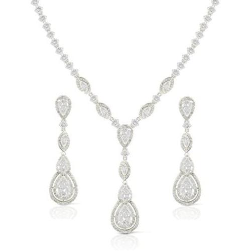 JanKuo Jewelry Rhodium Plated Bridal Long Dangle Teardrop CZ Necklace Earrings Jewelry Set, 17''