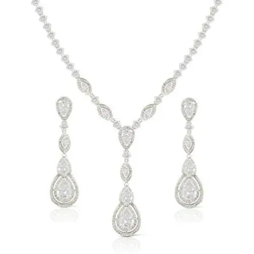 JanKuo Jewelry Rhodium Plated Bridal Long Dangle Teardrop CZ Necklace Earrings Jewelry Set, 17'' JanKuo Jewelry Rhodium Plated Bridal Long Dangle Teardrop CZ Necklace Earrings Jewelry Set, 17''