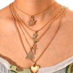 Acedre Boho Gold Maple Choker Necklace Heart Pyramid Layered Pendant Necklace Chains Egyptian Pharaoh Beach Adjustable Jewelry Accessory for Women and Girls