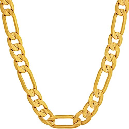 Lifetime Jewelry 7mm Figaro Chain Necklace 24k Gold Plated for Men Women & Teen