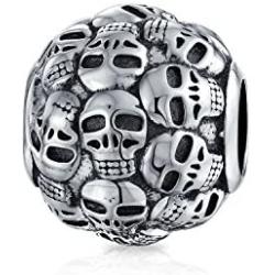 Round Barrel Multi Skeleton Skulls Dia De Los Muertos Charm Bead For Women Oxidized .925 Sterling Silver Fits European Bracelet