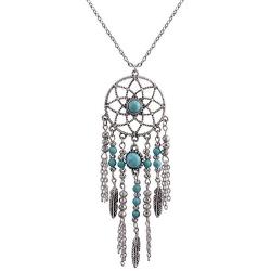 CrazyPiercing Retro Silver Tone Chain Necklace, Vintage Dream Catcher Turquoise Feather Pendant Long Chain Necklace Jewelry for Women Girls