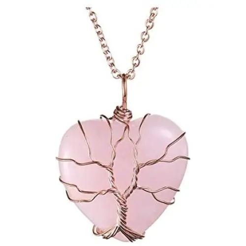 Jovivi Vintage Teardrop/Heart Natural Gemstones Healing Crystal Stone Necklace Wire Wrapped Copper Tree of Life Chakra Pendant for Women Men Mothers Fathers Day Gifts