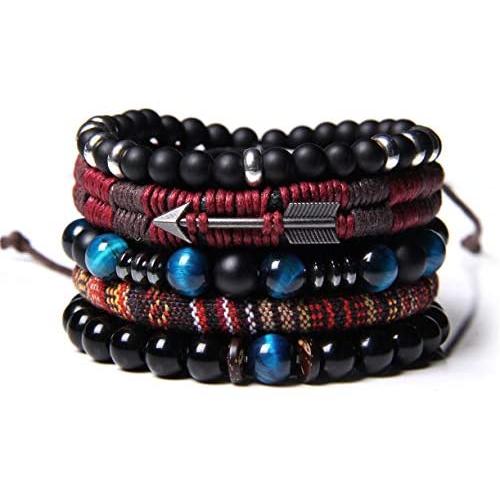 WAINIS Braided Leather Bracelets for Men Women Wrap Tiger Eye Lava Rock Beads Bracelet Woven Ethnic Tribal Rope Wristbands Bracelets Set Adjustable